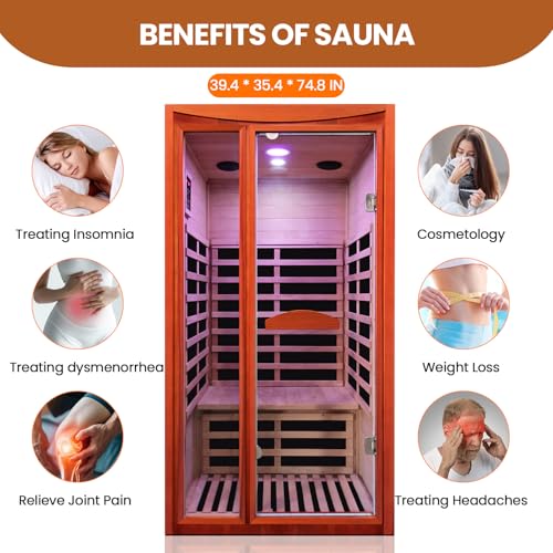 Sauna, Far Infrared Saunas for Home Room 1550W/110V Indoor Sauna for Single Person Okoume Wood Sauna Spacious 1 - 2 Person Low EMF Dry Sauna with Speakers/Air Hole and Color Lighting 39.4*35.4*74.8 IN HOSAUNA