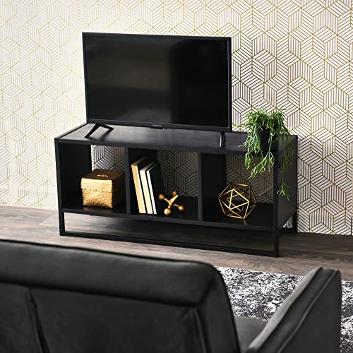 Household Essentials Jamestown TV Stand Coffee Table with Square Cube Storage Compartments Black Oak Wood Grain and Black Metal Household Essentials