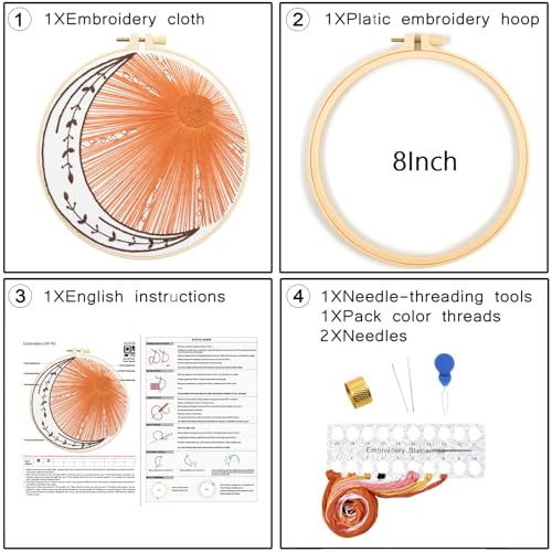 Crafmanoe Hand Embroidery Kits for Beginners Adults, Sun Moon Embroidery Starter Kits, Stamped Cross Stitch Kits DIY Needlepoint Kit for Beginners Adults, Embroidery Hoop, Thread and Video Tutorial