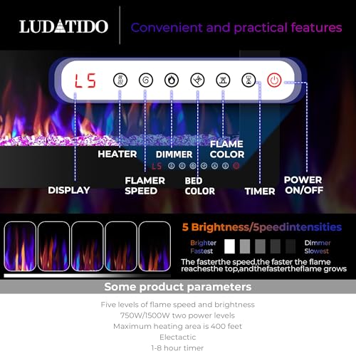 Ludatido 72 Inch Electric Fireplace Wall Mounted/Recessed, Electric Fireplace Insert with 5100BTU fpr 410 sq ft Room, Multicolor Flame with Timer/Touch Screen/Remote-Slim Ludatido