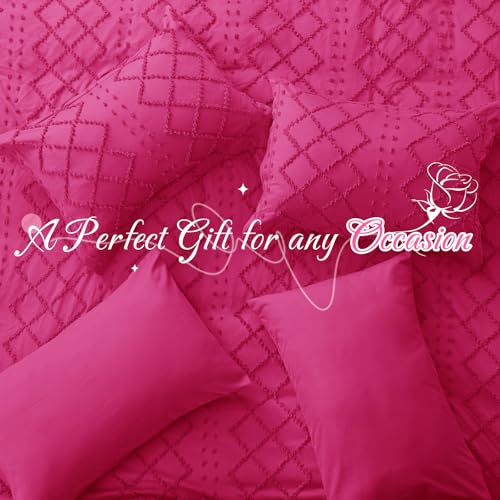 Manyshofu 5Pcs Boho Full Duvet Cover Set - Tufted Hot Pink Duvet Cover Pattern, Shabby Chic Boho Bedding Set Textured Comforter Covers with Embroidery Pillow Shams Manyshofu