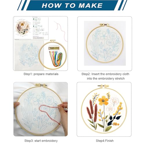 Zhenqing Floral Embroidery Kit - 4 Piece 29x29cm Round Hoop Art Set with Pre-Printed Cotton Fabric, Embroidery Hoop, Threads & Tools for Beginners (C0010)