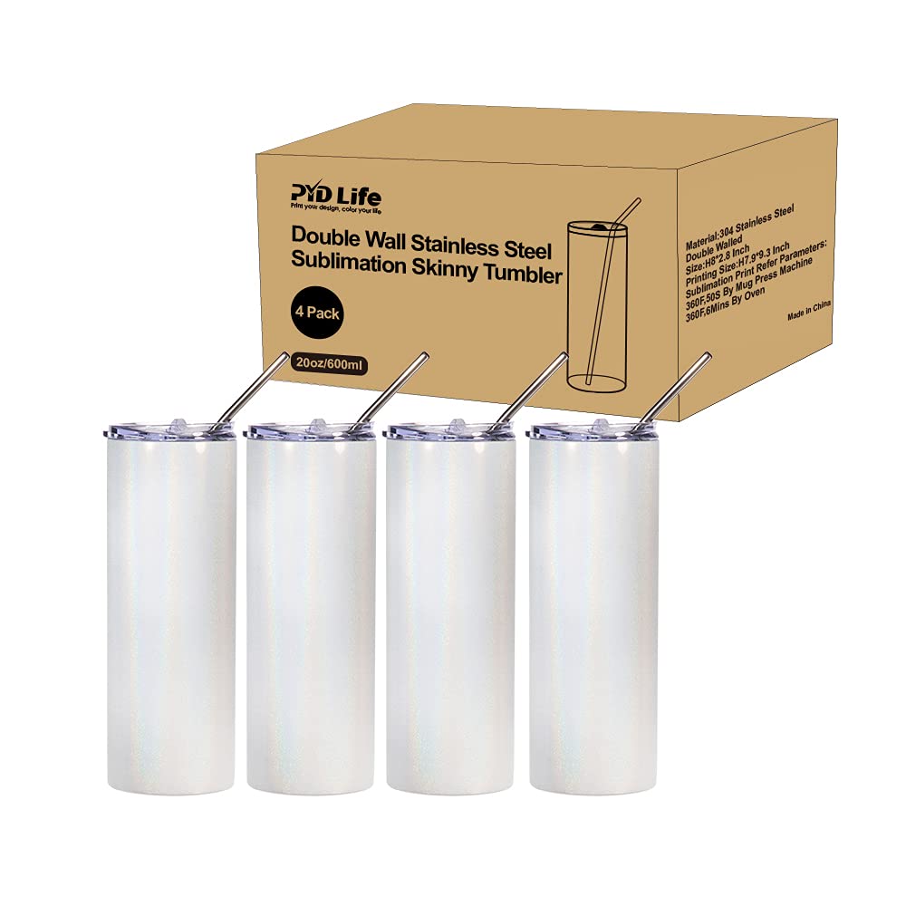PYD Life Sublimation Glitter Tumbler Rainbow White Blank Straight 20 OZ Skinny Tumbler Cups with Metal Straw,Stainless Steel Coffee Tumbler Cups,Sublimation Mugs Bottles 4 Pack PYD Life