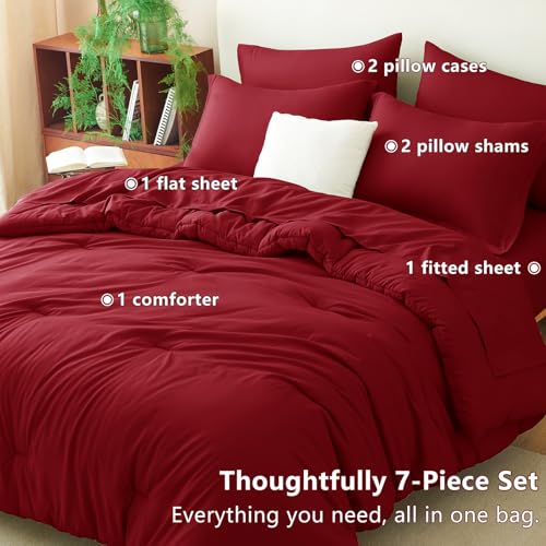 CozyLux King Size Comforter Set Dark Red, 7 Pieces Bed in a Bag King Comforter Set with Sheets, Bedding Set with Down Alternative Comforter, Fitted Sheets, Flat Sheets, Pillow Shams and Pillowcases