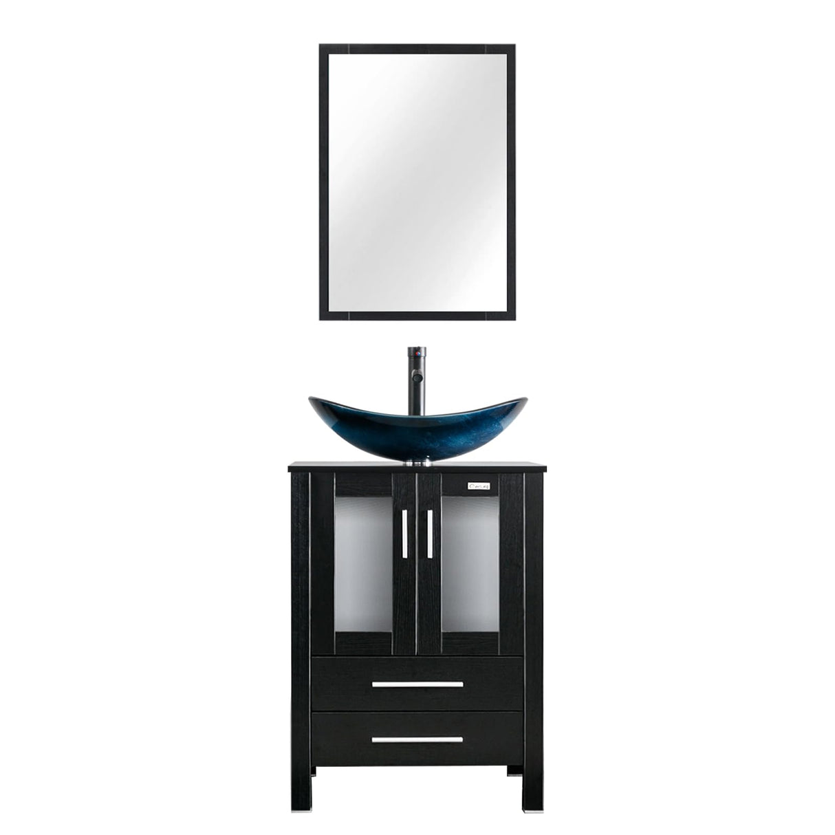 eclife 24" Modern Bathroom Vanity Sink Combo Black Stand Cabinet with Blue Boat Tempered Glass Vessel Sink & Water Save Faucet & Pop Up Drain (A29BU) eclife