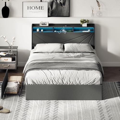 MALOL Bed Frame, Queen Bed Frame with Headboard & Storage Shelf, Metal Platform Bed Frame with 4 Storage Drawers, Built-in Charging Station, Led Light, Wood Bed Frame, No Box Spring Needed, Grey MALOL