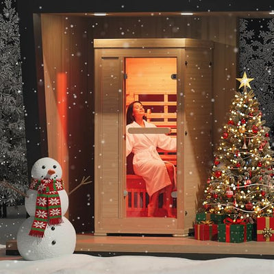 ENSTVER Infrared Wood Sauna 6.4Ft 1-2 Person, Luxury Full Spectrum Far Infrared Sauna Features Low EMF 1745w 7-Light Dynamic & Music Speakers, Canadian Hemlock Dry Indoor Saunas for Home & Gym