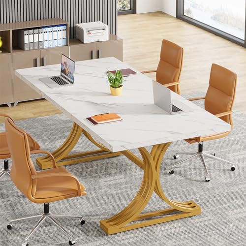 Tribesigns 10.5FT Faux Marble Conference Table, Modern Meeting Table with Gold Legs for 8-10 People, Rectangle Seminar Boardroom Table for Office Conference Room (4, White + Gold) Tribesigns