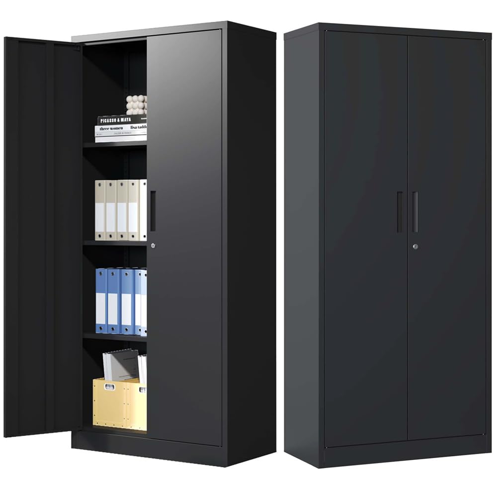 Lockable Cabinet Metal Storage Cabinet, 69" Locking Metal Storage Cabinet with 3 Adjustable Shelves,Black Metal Cabinet with 2 Doors and Lock for Office, Garage, Home (Black, 69") HomJoones