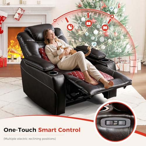 ANJ Electric Power Recliner Chair with Adjustable Powered Headrest, Faux Leather Home Theater Seating Overstuffed Reclining Furniture with USB Ports, Cup Holders, Hidden Arm Storage (Brown/Red)