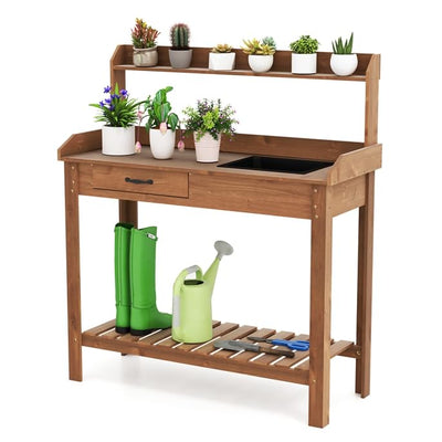 ARNOT Potting Bench,Outdoor Potting Bench Table with Sink and Storage Shelves, Wooden Garden Workstation for Gardening Tools, Planting, and Repotting – Natural Fir Wood (38" x 17" x 50")