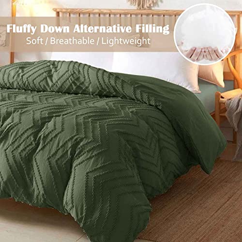 Nanko King Comforter Set Dark Green Tufted Jacquard Boho Soft Shabby Chic Reversible Down Alternative Microfiber Bedding - All Season Duvet Bohemia Bed Sets Women Men Size 104 x 90 3pc, Green Nanko