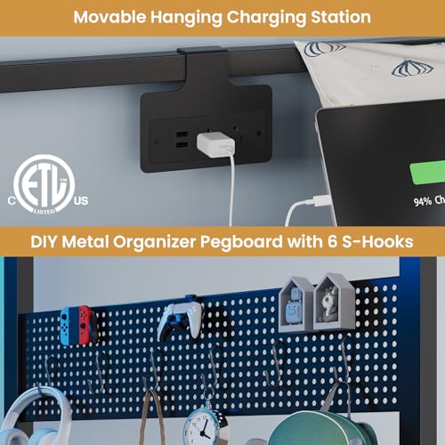 DICTAC Twin Over Full Bunk Bed with 4 Storage Drawers and 3-Tier Open Bookshelf Metal Bunk Bed with LED Lights,Charging Station and Pegboard,L-Shaped bunk Beds with Safety Guardrail and Ladder,Black DICTAC