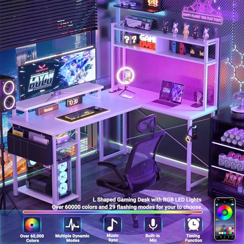 Besiost Small L Shaped Desk Gaming Desk with Power Outlets, 48" Reversible L Shaped LED Computer Desk with Monitor Stand & Storage Shelf, Corner Gamer Desk Home Office Desk with Storage Bag, White Besiost