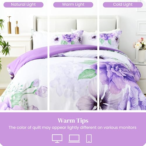 Heymybed Floral Comforter Set Queen Size, 3 Pieces Elegant Purple Floral Bed in a Bag, Soft Microfiber Botanical Flower Bedding Set with 2 Pillowcases for All Season 90"×90" Heymybed