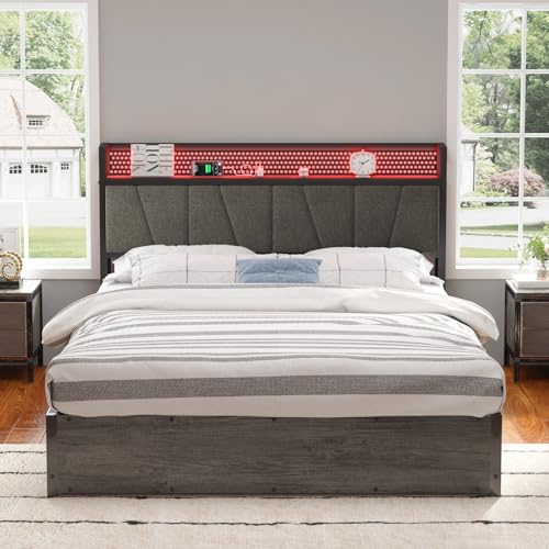 AMERLIFE Queen Size Lift Up Bed Frame with Linen Upholstered & LED Light & Storage Headboard, Platform Bed Frame with Charging Station, No Box Spring Needed, Noisy Free, Rustic Grey AMERLIFE