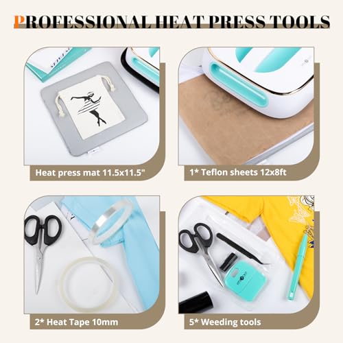 HTVRONT Heat Press Accessories for 10" X 10" Heat Press Machine, Include 3 HTV Vinyl & 150 Sublimation Paper, 20 Heat Transfer Paper, Heat Press Mat, Teflon Sheet, Heat Resistant Tape, Weeding Tools HTVRONT