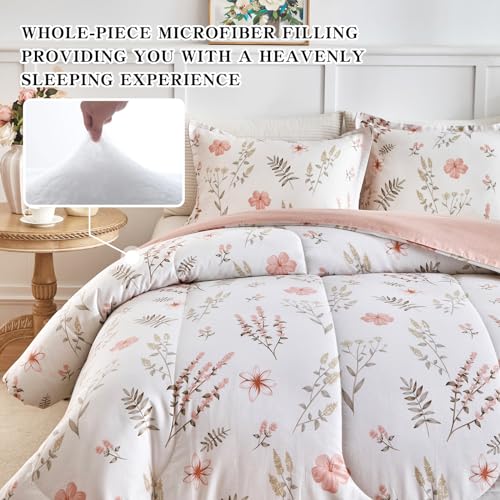 Joyreap 3pcs Floral Cotton Comforter Set for Girls, Pink Flowers n Leaves Botanical Design, Queen Size Soft n Cozy Bedding Comforter Set for All Season- 88x88 inches Joyreap
