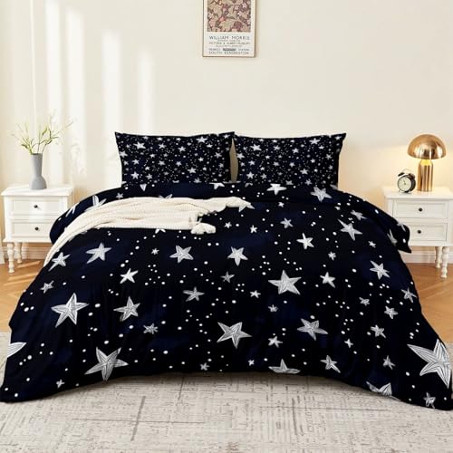 Double-Sided Printed Bedding with Minimalist Stars Cute - Ultra-Soft Microfiber Duvet Cover Set Single Durable Zipper Closure, Comfortable Quilt Cover for Bedroom Décor Dark Generic