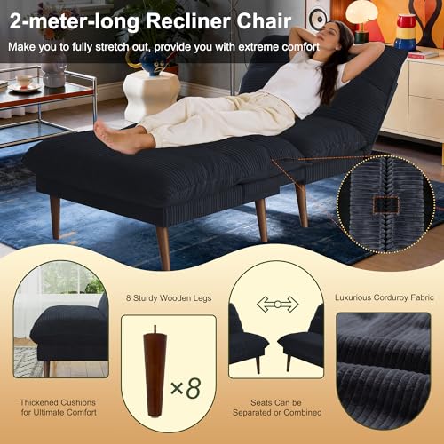 DreamDashio Futon Sofa Bed, 4 in 1 Multi-Functional Futon Couch with Adjustable Backrest, 75 inch Convertible Sleeper Sofa Bed and Recliner Lounge, Corduroy Loveseat for Living Room, Apartment, Black DreamDashio