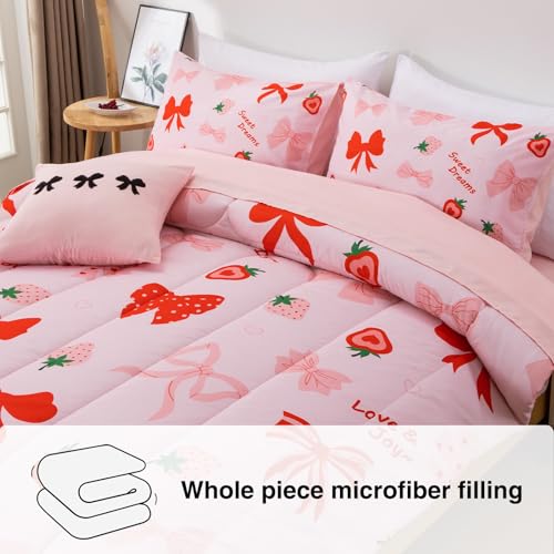 A Nice Night Red Bow Comforter Set,6 Piece Bed in a Bag Matching Sheet Set,Cute Ribbon Bowknot Bedding Sets,Princess Style Strawberry Printed,Light Pink Room Decor for Girls,Full A Nice Night