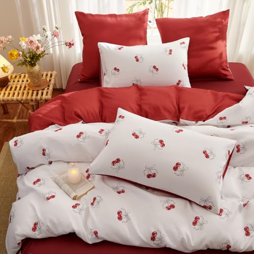 Bildenly White Twin Comforter Set - Red Cherry Quilt Bedding Set 2 Pieces, Comforter Set Twin Size, Soft & Lightweight Comforter(68‘’ x 90‘’) for Girl All Season & 1 Pillowcase(30‘’x20‘’) Bildenly