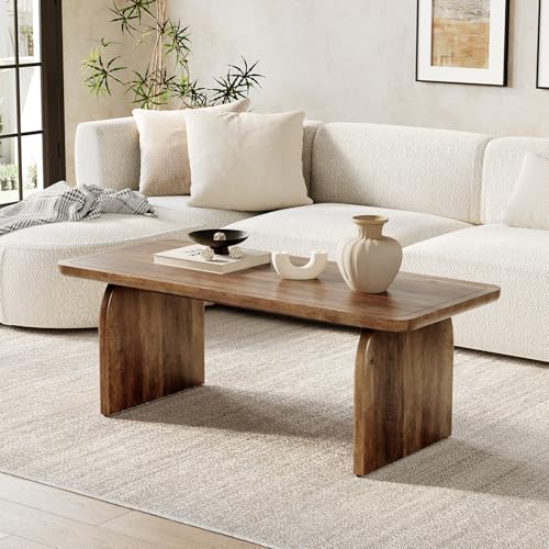 LITTLE TREE Farmhouse Coffee Table, 47 Inches Wooden Center Tables with Rounded Corners, Rectangular Living Room Tables, Modern Low Cocktail Tea Furniture for Living Room (Rustic Brown) LITTLE TREE