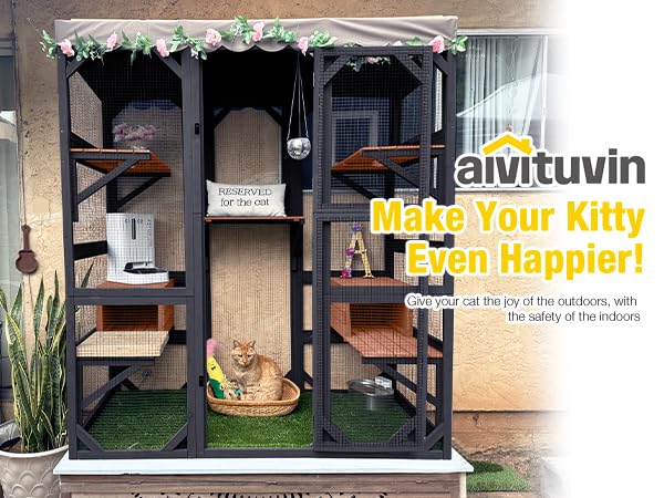 Aivituvin Catio Outdoor Cat Enclosure Large Cat House for Mulitiple Cats Walk in Kitty Cage with Tarp Roof 70" Black Aivituvin