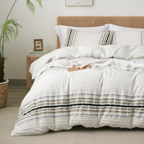 Ranunculus Tufted Stripes Ombre Queen Duvet Cover Set, Soft Brushed Microfiber Striped Duvet Cover Queen Size with Button Closure & 2 Pillow Shams, Comforter Not Included (White Ombre, 90"x90") Ranunculus