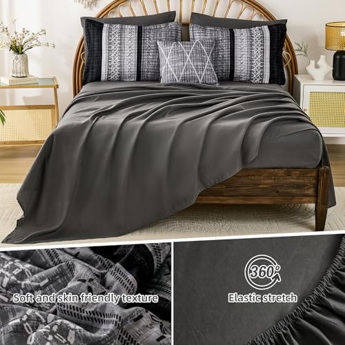 Dintszyayue Black Comforter Set Queen Size, 8 Pieces Boho Striped Bed in a Bag Soft Microfiber Bedding Set for All Season Dintszyayue