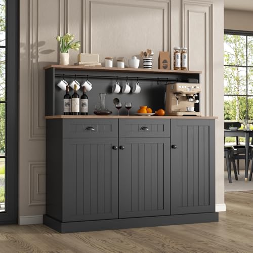 Gyfimoie Sideboard Buffet Cabinet with 2 Drawers, Farmhouse Kitchen Pantry with Adjustable Shelves, Coffee Bar Cupboard Cabinet with 3 Doors for Kitchen, Dining Room (Black) Gyfimoie