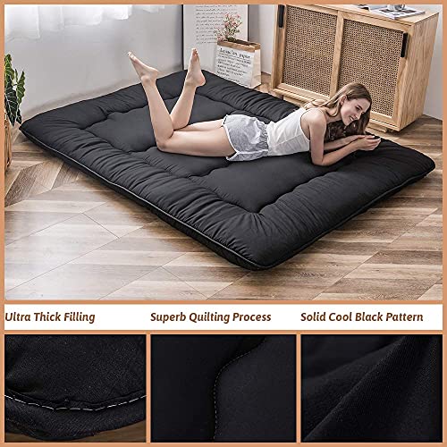 MAXYOYO Japanese Floor Mattress Futon Mattress, 4" Thicken Tatami Mat Sleeping Pad Foldable Roll Up Mat Boys Girls Dormitory Pad Kids Floor Lounger Pillow Bed, Black, Queen MAXYOYO
