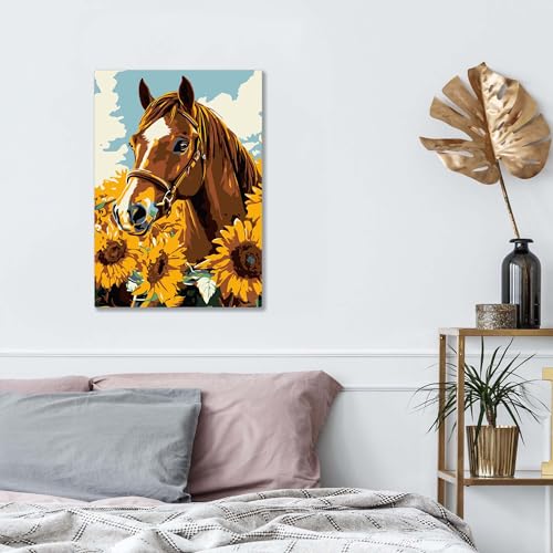 Bimkole Framed Paint by Numbers Kit for Adults Sunflower Horse, DIY Oil Painting Kit on Canvas with Paintbrushes and Acrylic Pigment for Beginner, for Home Wall Decor 8x12inch/20x30 cm Bimkole