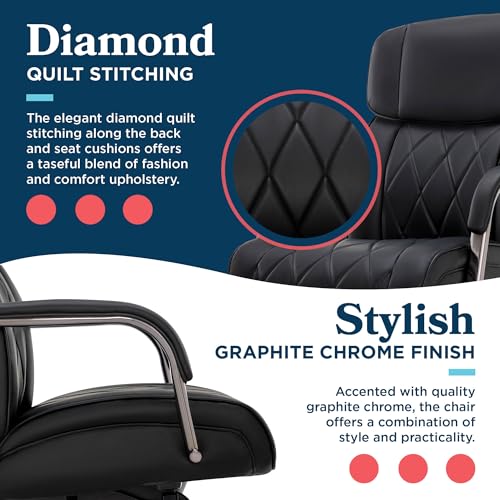 La-Z-Boy Symphony Executive Mid-Back Office Chair, Diamond Quilt Seat and Back, Pocket Coil Cushion, Padded Armrests, Ergonomic Computer DeskChair, Swivel Metal Base, Bonded Leather, Black/Graphite La-Z-Boy