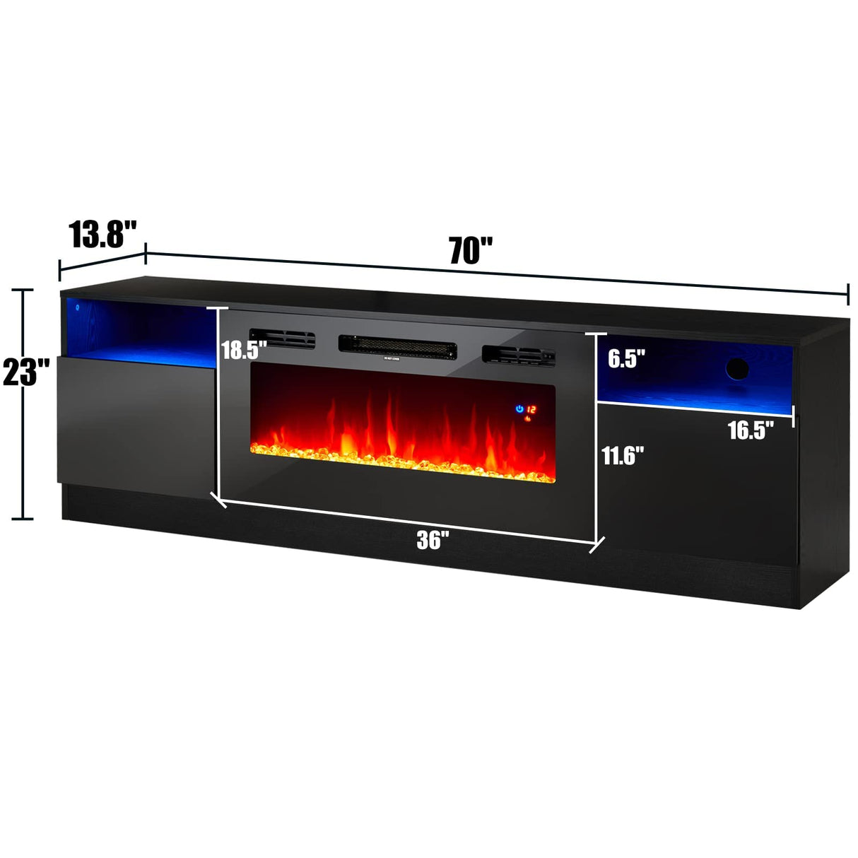 AMERLIFE Fireplace TV Stand with 36" Electric Fireplace, LED Light Entertainment Center, Modern Wood Texture Entertainment Stand with Highlight Storage Cabinet for TVs Up to 80", 70 inches, Black AMERLIFE