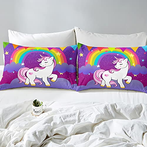 Erosebridal Girls Unicorn Comforter Set Twin Girls Bedding Set Cute Rainbow Unicorn Print Down Comforter Kids Cartoon Kawaii Duvet Insert Galaxy Stars Fantasy Room Decor Children Reversible Purple Erosebridal