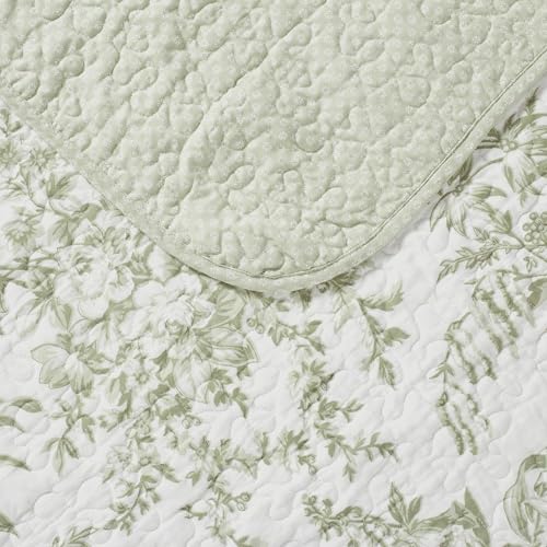 Laura Ashley - Queen Quilt Set, Soft & Reversible Cotton Floral Bedding with a Medium Weight Feel, 3 Piece Bed Set with Matching Pillowcases (Bedford Green/Off-White) Laura Ashley
