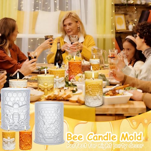 MEMOVAN Bee Candle Molds 2PCS Bee Cylinder Silicone Soap Mold Honeycomb Flower Mold Beeswax Candle Mould for Resin Epoxy Soap Casting Clay Wax Plaster Ornament Mould DIY Craft Home Decor