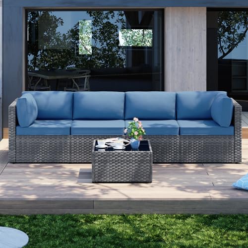 Shintenchi 5 Pieces Outdoor Patio Furniture Sets, Patio Sectional Sofa Couch, Furniture Modular Patio Conversation Sets Patio Sofa with Coffee Table (Aegean Blue) Shintenchi