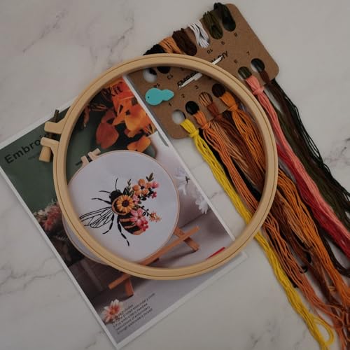 Esffaci Embroidery Starter Kit for Adult Beginner with Bee Pattern Hand Embroidery Set with Embroidery Cloth Hoop Needle Threader Embroidery Floss and Instruction