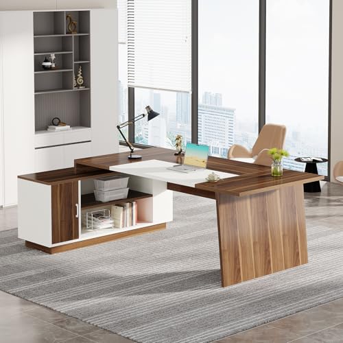 Tribesigns L-Shaped Executive Office Desk, 70.5-Inch Mid-Century Modern Executive Desk with Storage Cabinet and Shelves, Large Computer Desk for Home Office, Brown + White Tribesigns