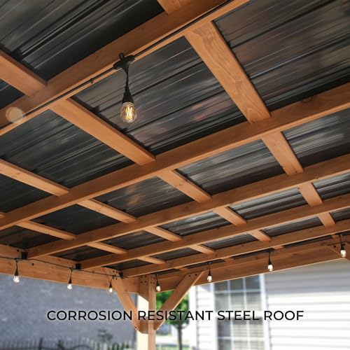 Backyard Discovery Arcadia 20 ft. x 9.5 ft. All Cedar Wooden Gazebo Pavilion with Hard Top Steel Slant Roof Backyard Discovery