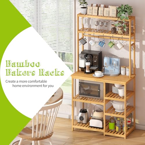 BMOSU Bakers Rack Bamboo for Kitchen with 12 S-Shaped Hooks Coffee Bar Table Kitchen Microwave Stand Open Storage Shelves Utility Storage