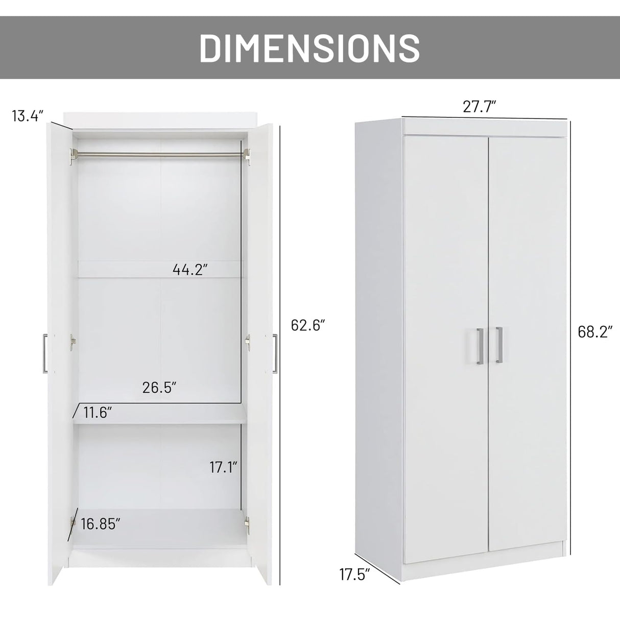 FurnitureR 2 Door Wardrobe, Wooden Armoire with Hanging Rod for Bedroom 68.2-Inch Wardrobe Storage Cabinet, White FurnitureR