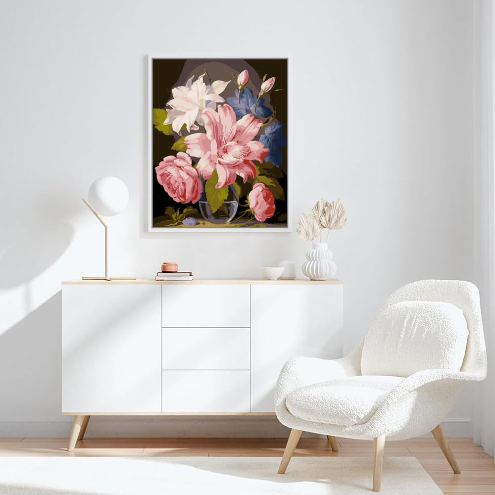 changjiawujin Lily Flower Paint by Number Rose Flowers,Still Life Vase Paint by Numbers Kit for Adults,Easy DIY Oil Painting by Numbers Art Craft Set 16x20 inch changjiawujin