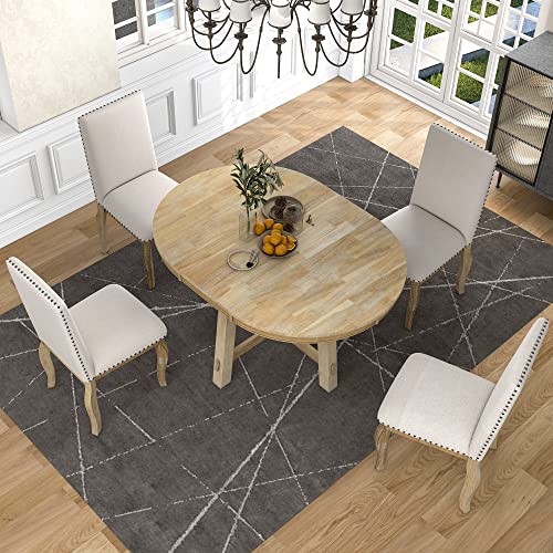 Merax 5-Piece Farmhouse Wooden Round Extendable Dining Table Set with 4 Upholstered Chairs, Family Kitchen Furniture, Natural Wood Wash_5Pcs Merax
