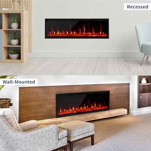 60'' Electric Fireplace - Recessed & Wall Mounted with Log & Crystal Inserts | Adjustable Flame Color/Speed/Brightness, 750/1500W Heater, Remote Control & Touch Screen, Built-in Timer, Low Noise SLEKVERSA