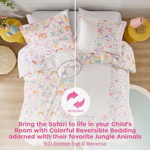 Intelligent Design Kids Cotton Queen Duvet Cover Set, Jungle Animals Fun Safari Adventures, Cotton Comforter Cover, All Sasons Bedding Reversible Duvet, Sham & Pillow, Lulu, Full/Queen Purple 4 Piece Intelligent Design
