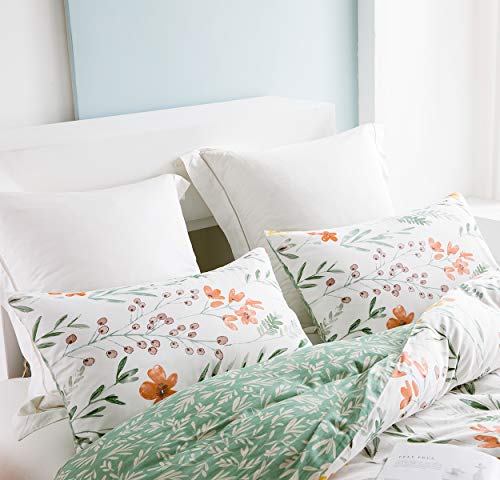 SLEEPBELLA Duvet Cover Set 600 Thread Count Cotton Bedding Set (Full, White&Green Floral) SLEEPBELLA