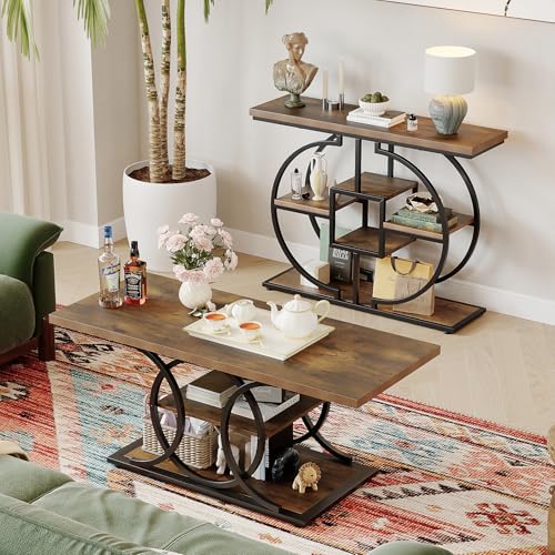 GiftGo Narrow Console Table for Entryway Industrial 4-Tier Sofa Table Behind Couch with Circle Base Rustic Wooden Accent Tables with Storage Shelves for Living Room, Hallway, Foyer (Brown) GiftGo
